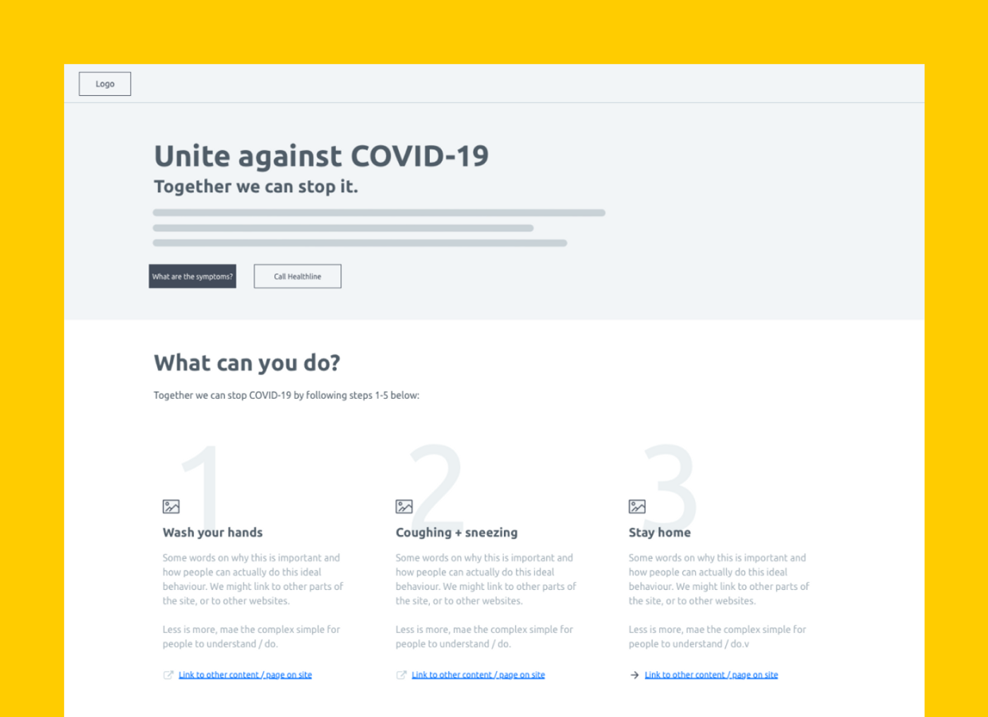 Unite against Covid-19 homepage wireframe