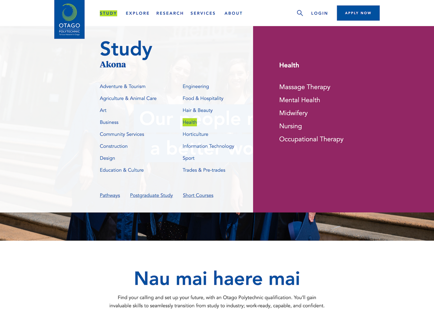Screenshot of Otago Polytechnic website navigation