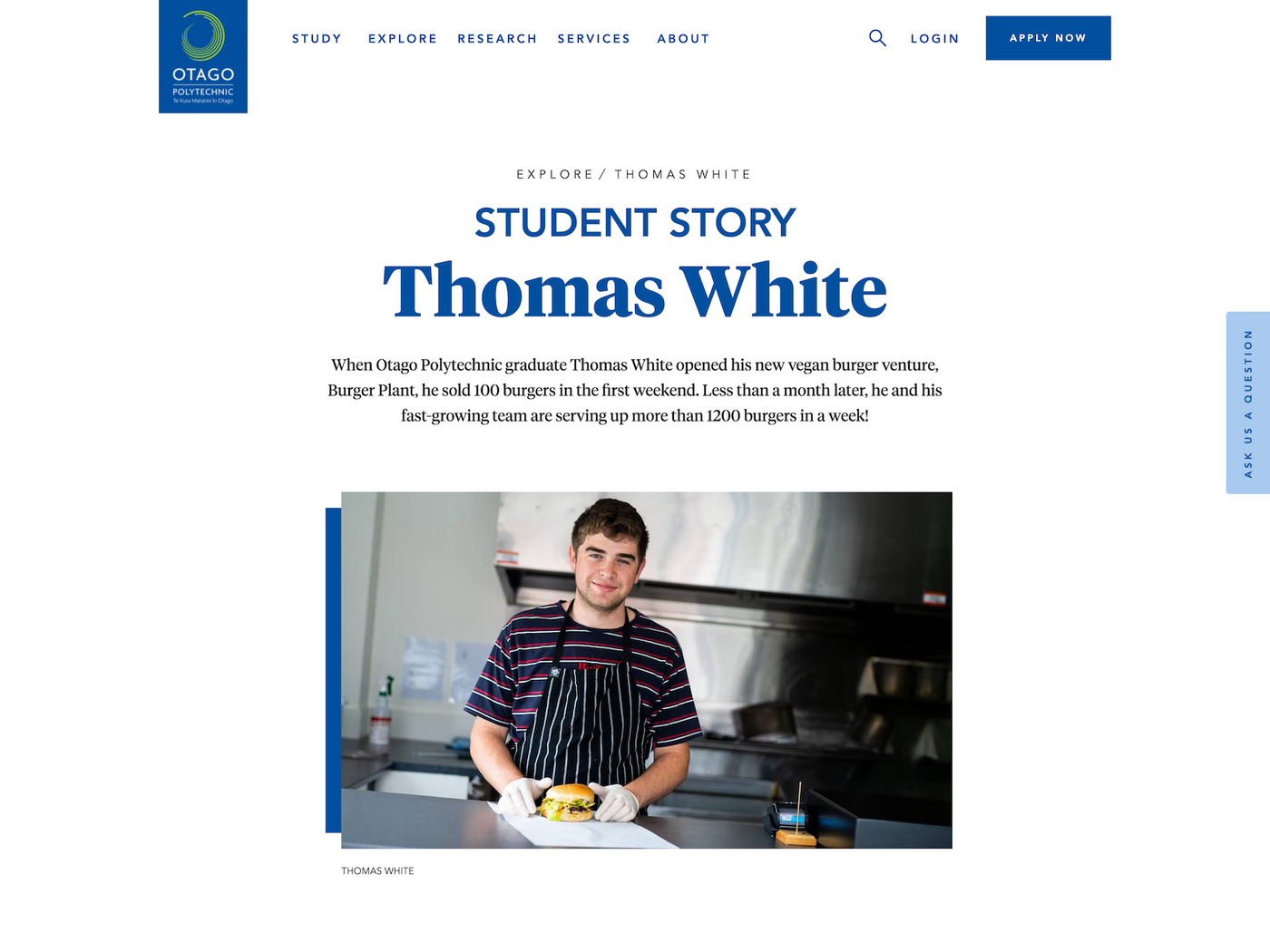 Screenshot of Student Story on Otago Polytechnic website